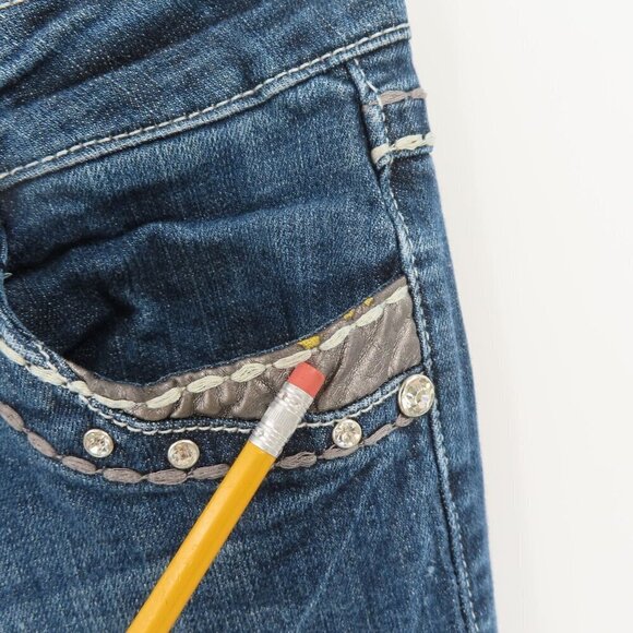 LA Idol Junior 5 Bootcut Boot Dark Whiskered Rhinestone Jeans Denim Low Rise - Picture 5 of 14